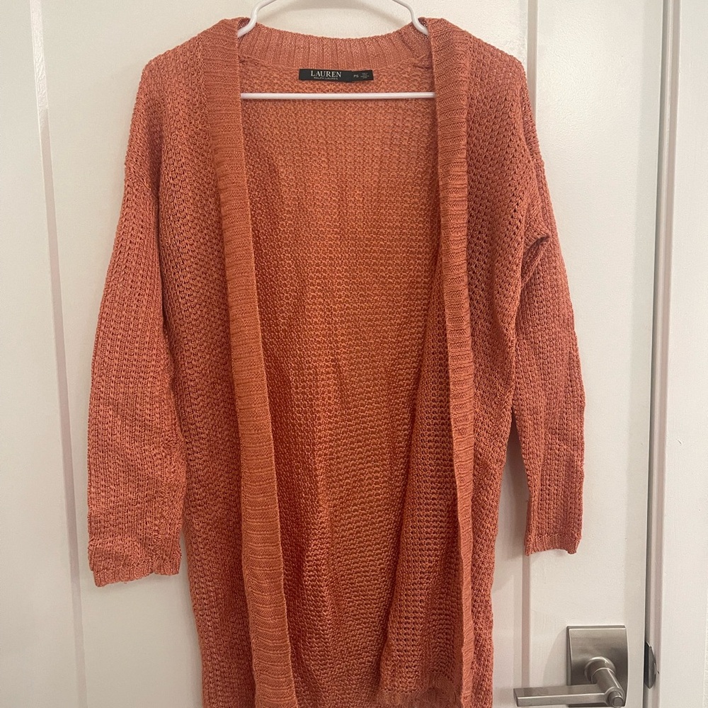 Lauren Ralph Lauren Women's Orange Coral Cardigan Linen Preppy Classic